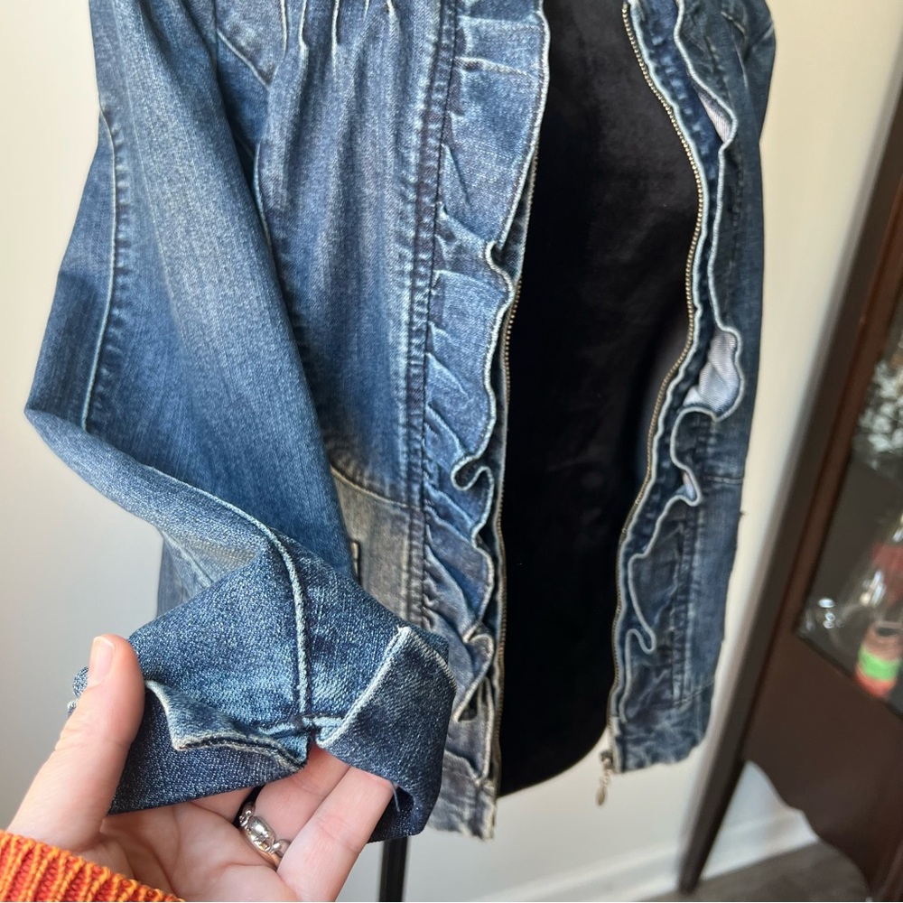 Ruffled Front Denim Jacket - Dark Blue - L - Picture 6 of 8